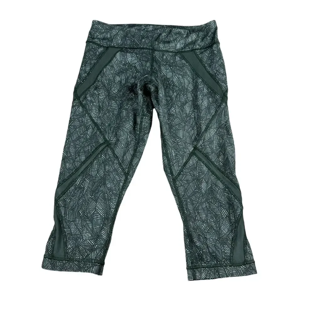 LULULEMON Green White Palm Tree Mesh Inset Cropped Leggings‎ Women's Size 6